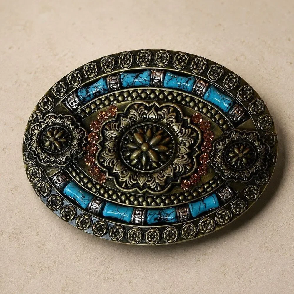 Western Cowboy Style Metal Buckle – Ornate Design with Turquoise Accents